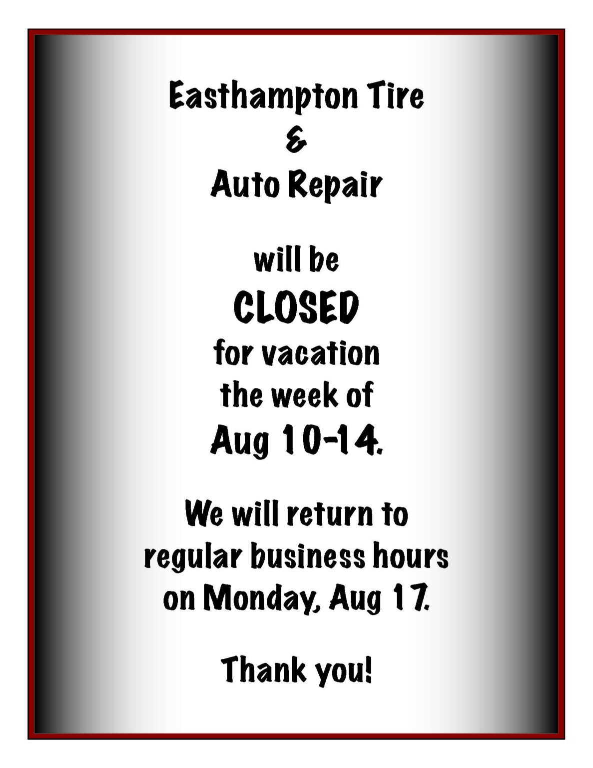 Aug 2020 Vacation Easthampton Tire & Auto Repair